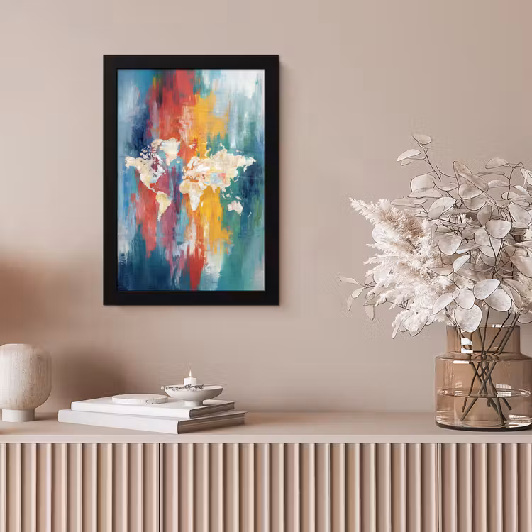 Penseelstreken - Kleurrijk - Schilderij - Wereldkaart fotolijst zwart zonder passe partout klein -sfeer5