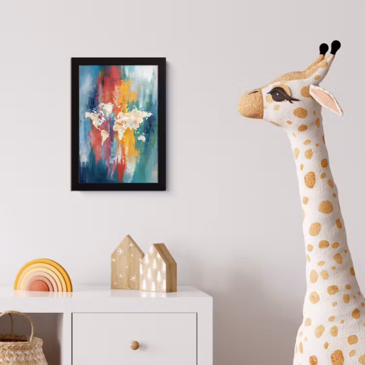 Penseelstreken - Kleurrijk - Schilderij - Wereldkaart fotolijst zwart zonder passe partout klein -usfeer4_kinderkamer