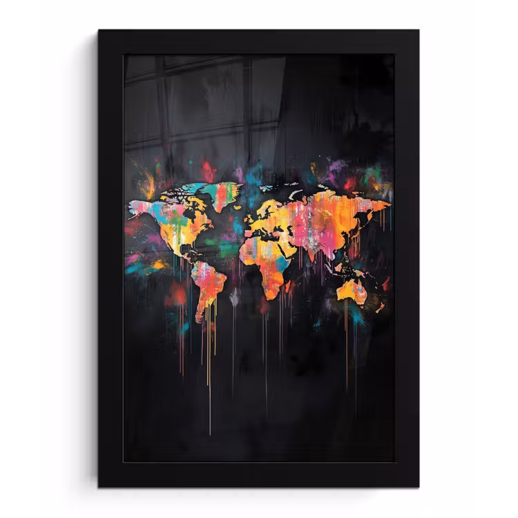 Penseelstreken - Artistiek - Wereldkaart - Kleurrijk fotolijst zwart zonder passe partout klein -3d