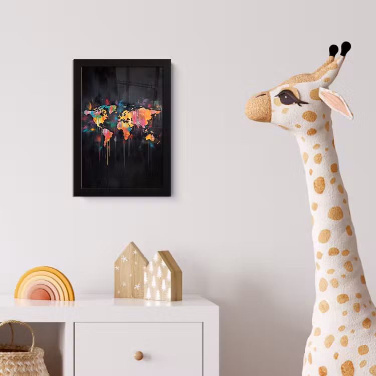 Penseelstreken - Artistiek - Wereldkaart - Kleurrijk fotolijst zwart zonder passe partout klein -usfeer4_kinderkamer