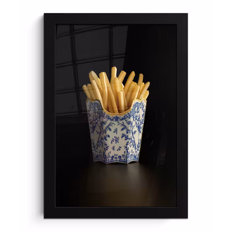 Friet - Porselein - Delfts blauw - Eten fotolijst zwart zonder passe partout klein -3d