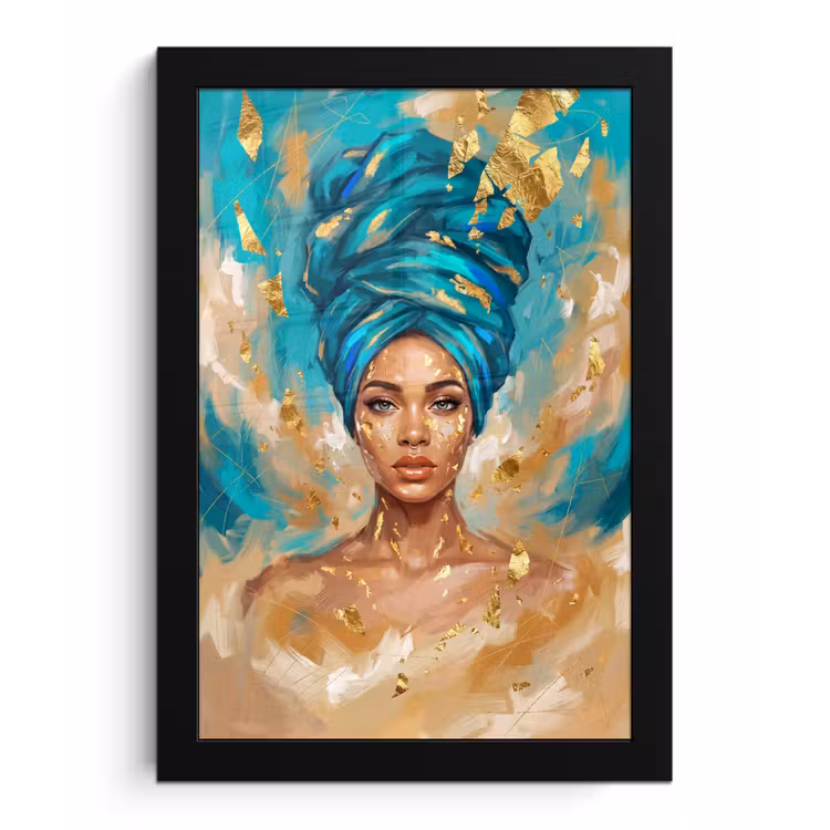 Portret - Vrouw - Schilderij - Blauw - Goud - Expressief fotolijst zwart zonder passe partout klein -3d