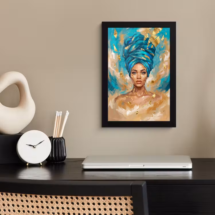 Portret - Vrouw - Schilderij - Blauw - Goud - Expressief fotolijst zwart zonder passe partout klein -sfeer1