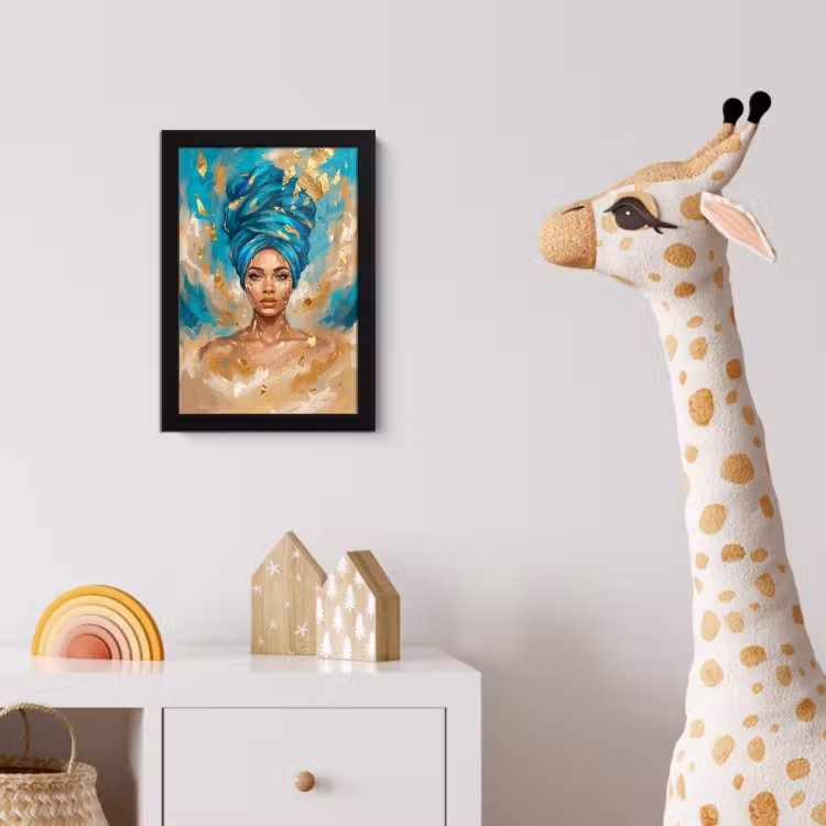 Portret - Vrouw - Schilderij - Blauw - Goud - Expressief fotolijst zwart zonder passe partout klein -usfeer4_kinderkamer