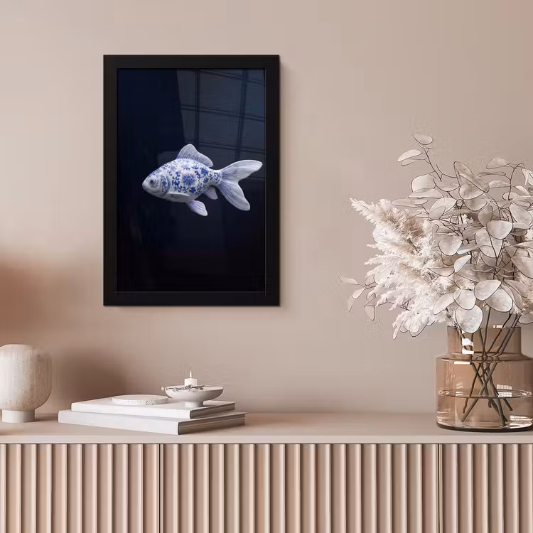 Porselein - Goudvis - Delfts - Blauw fotolijst zwart zonder passe partout klein -sfeer5
