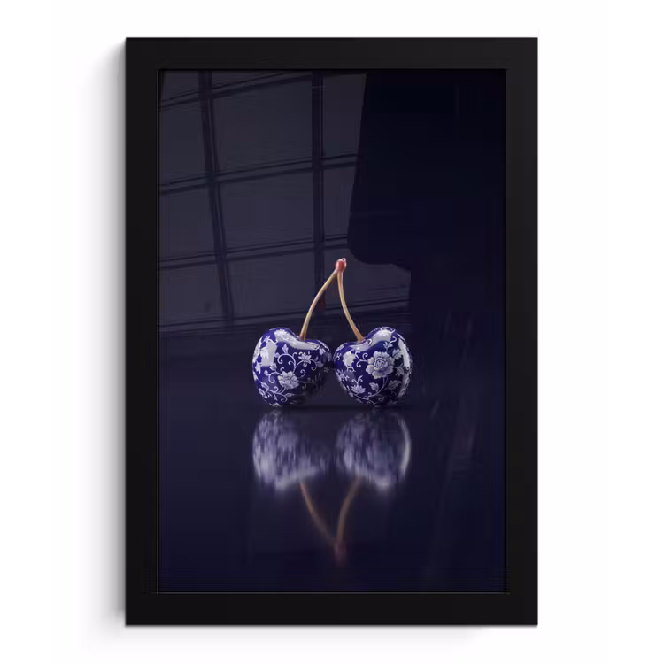 Porselein- Kersen - Delfts - Blauw fotolijst zwart zonder passe partout klein -3d