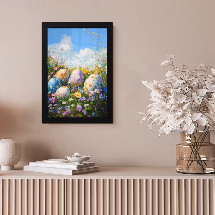 Grasveld - Eieren - Bloemen fotolijst zwart zonder passe partout klein -sfeer5
