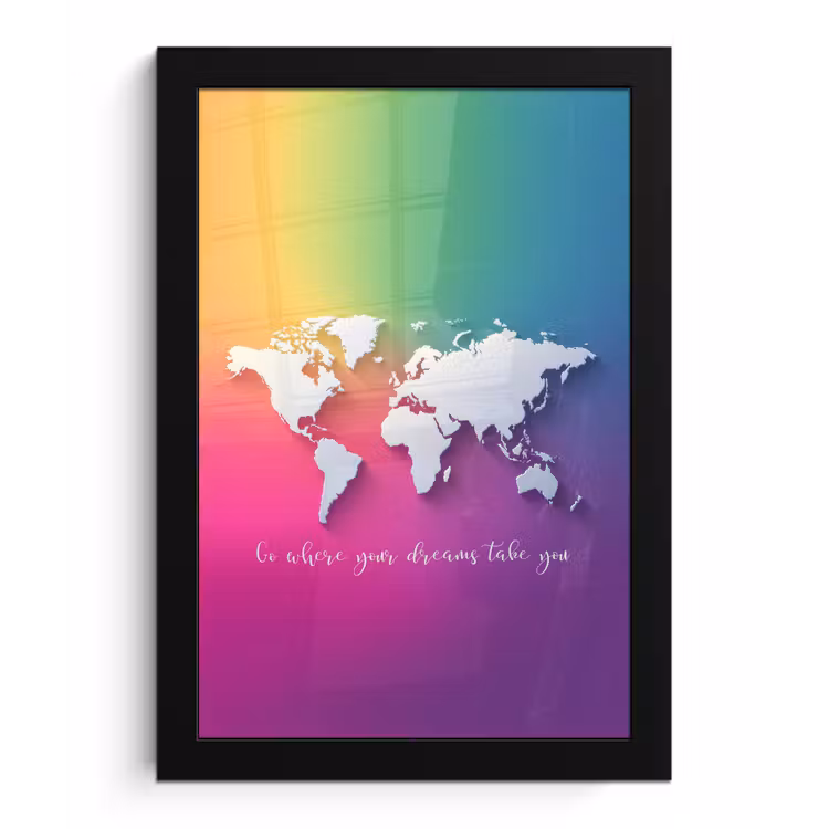 Regenboog - Quote - Wereldkaart - Dream fotolijst zwart zonder passe partout klein -3d