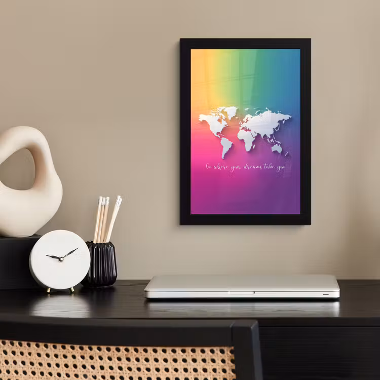 Regenboog - Quote - Wereldkaart - Dream fotolijst zwart zonder passe partout klein -sfeer1