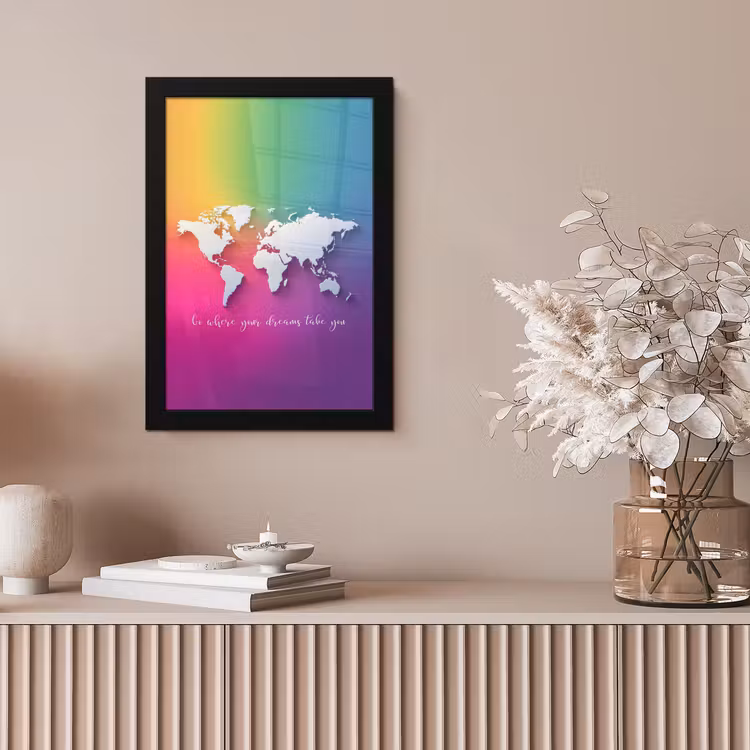 Regenboog - Quote - Wereldkaart - Dream fotolijst zwart zonder passe partout klein -sfeer5