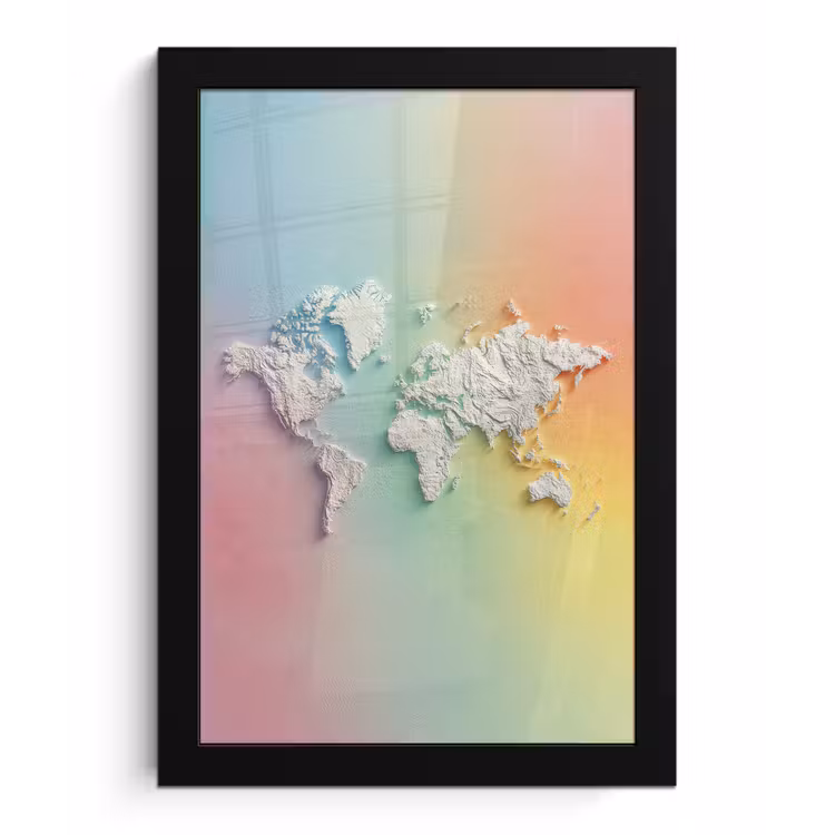 Regenboogkleuren - Wereldkaart - Zacht - Continenten fotolijst zwart zonder passe partout klein -3d