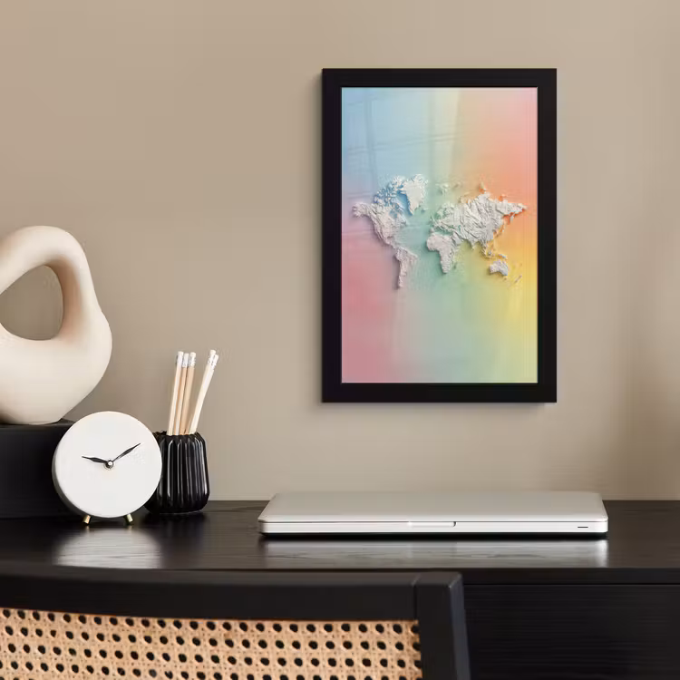 Regenboogkleuren - Wereldkaart - Zacht - Continenten fotolijst zwart zonder passe partout klein -sfeer1