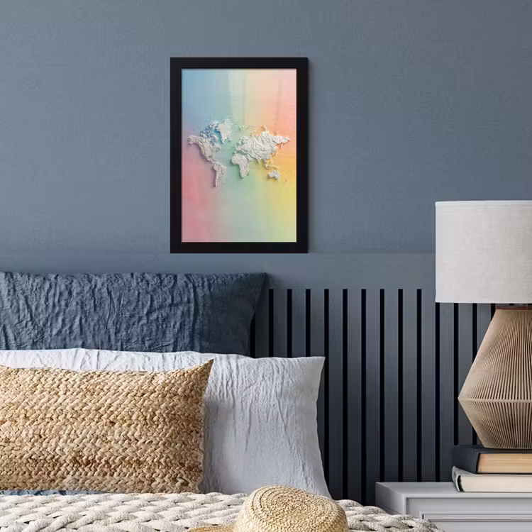 Regenboogkleuren - Wereldkaart - Zacht - Continenten fotolijst zwart zonder passe partout klein -sfeer3