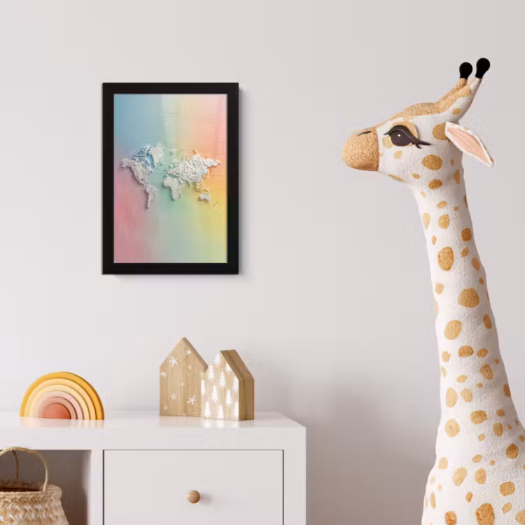 Regenboogkleuren - Wereldkaart - Zacht - Continenten fotolijst zwart zonder passe partout klein -usfeer4_kinderkamer