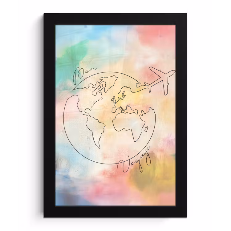 Voyage - Wereldbol - Pastel - Quote fotolijst zwart zonder passe partout klein -3d