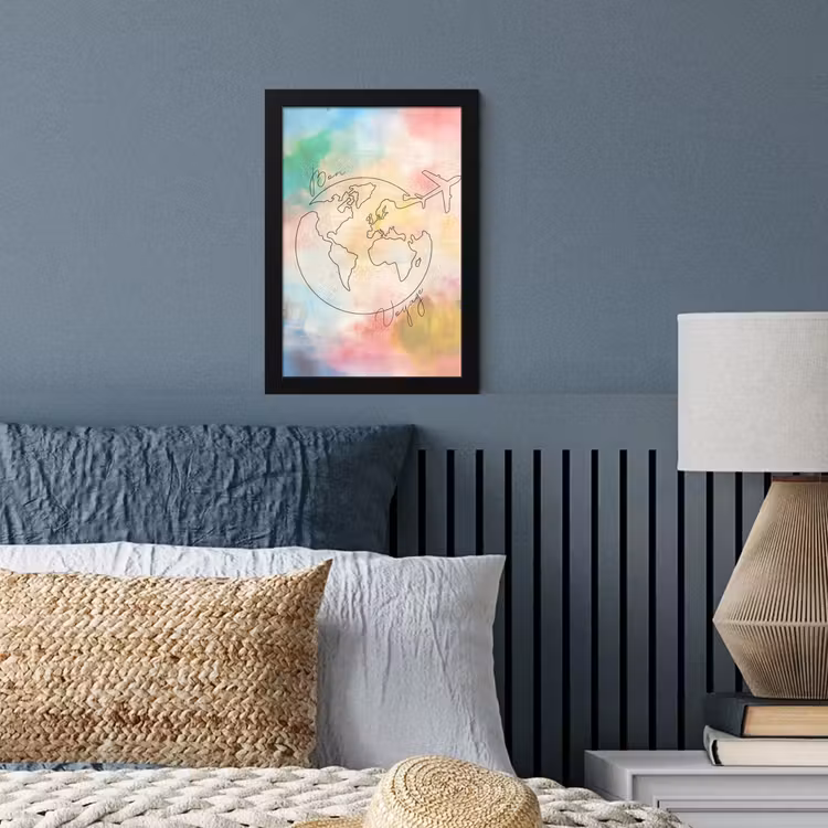Voyage - Wereldbol - Pastel - Quote fotolijst zwart zonder passe partout klein -sfeer3