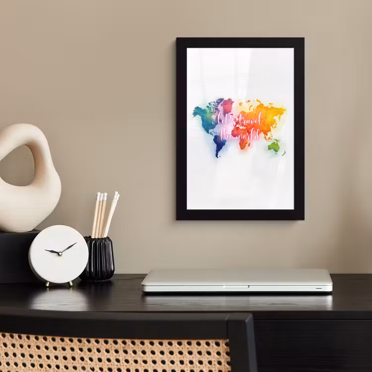 Travel - Quote - Regenboog - Wereldkaart fotolijst zwart zonder passe partout klein -sfeer1