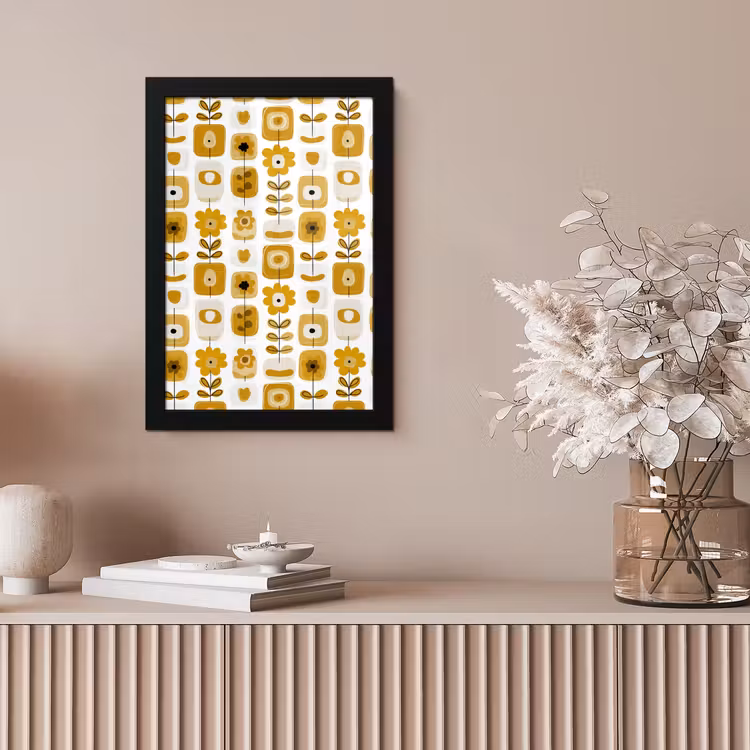 Retro - Abstract - Bloemen - Okergeel fotolijst zwart zonder passe partout klein 224 -sfeer5
