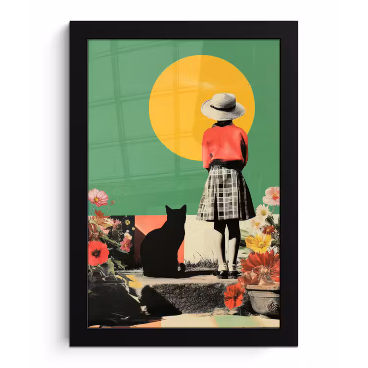 Retro - Meisje - Kat - Zon fotolijst zwart zonder passe partout klein -3d