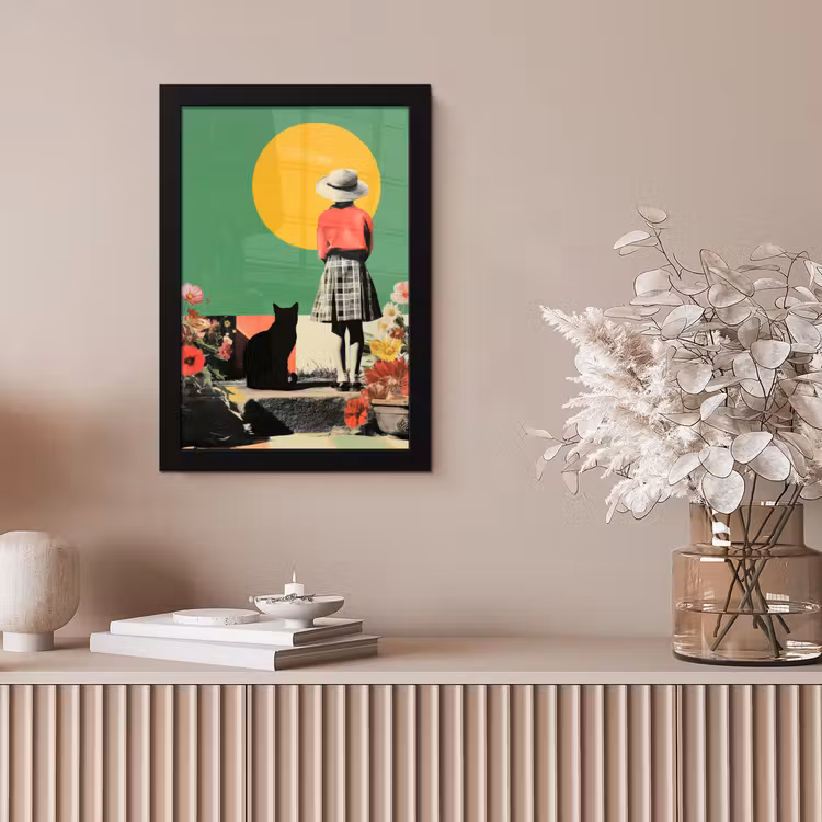 Retro - Meisje - Kat - Zon fotolijst zwart zonder passe partout klein -sfeer5