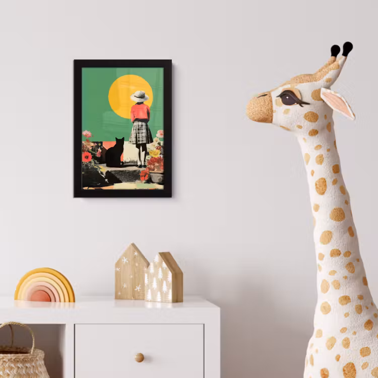 Retro - Meisje - Kat - Zon fotolijst zwart zonder passe partout klein -usfeer4_kinderkamer