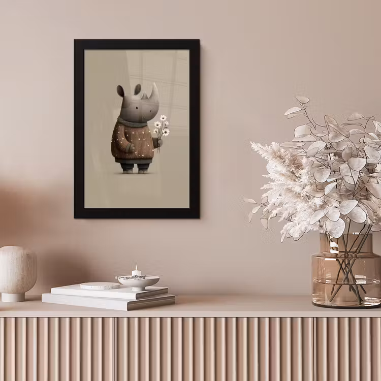 Neushoorn - Witte bloemen - Lief fotolijst zwart zonder passe partout klein -sfeer5