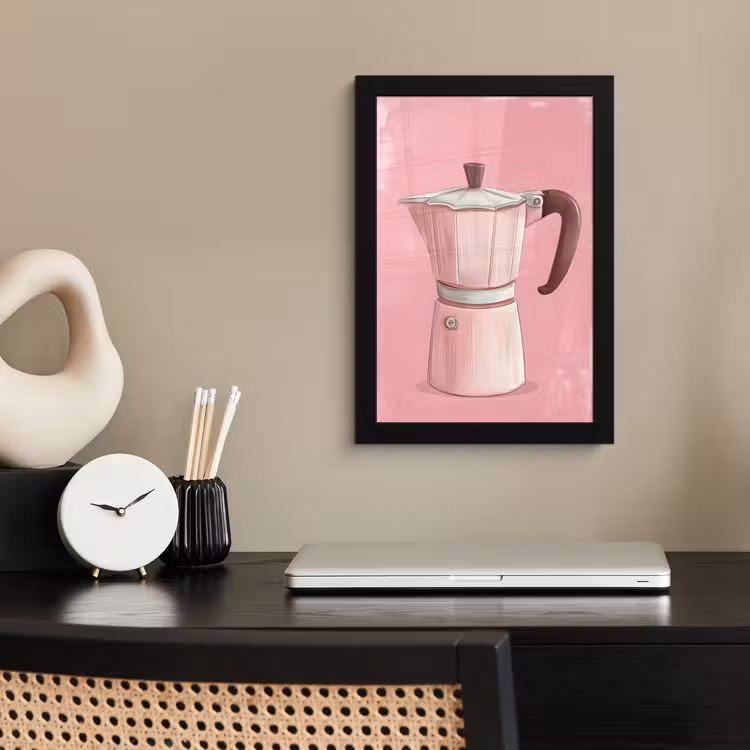 Roze - Mokkapot - Illustratie - Koffie fotolijst zwart zonder passe partout klein -sfeer1