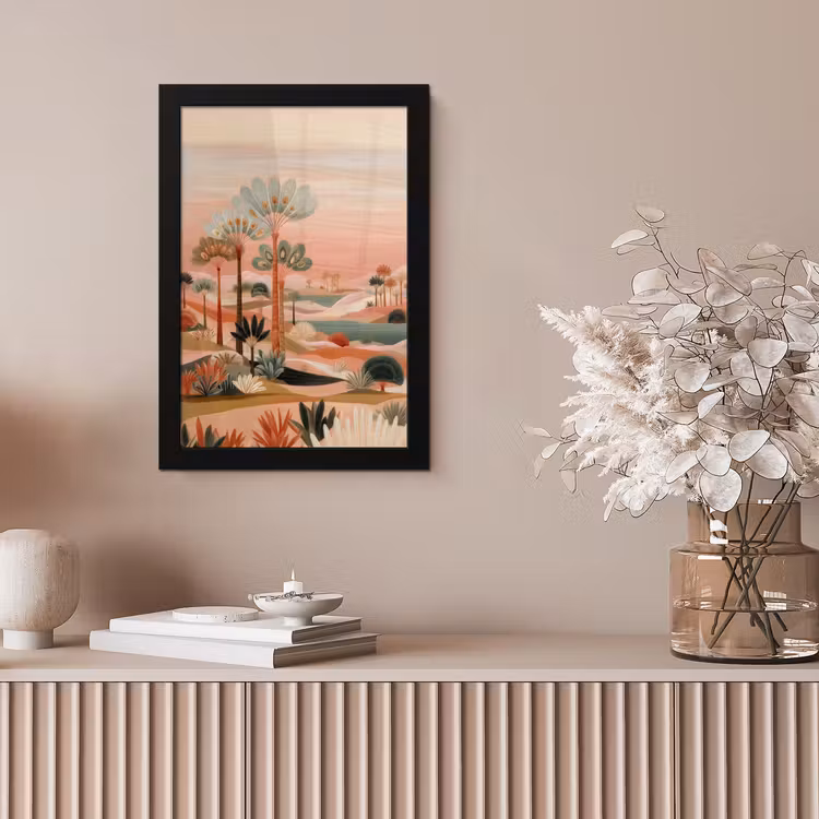 Roze landschap - Palmen - Water fotolijst zwart zonder passe partout klein -sfeer5