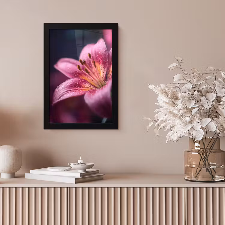 Roze - lelie - Dauwdruppels fotolijst zwart zonder passe partout klein -sfeer5