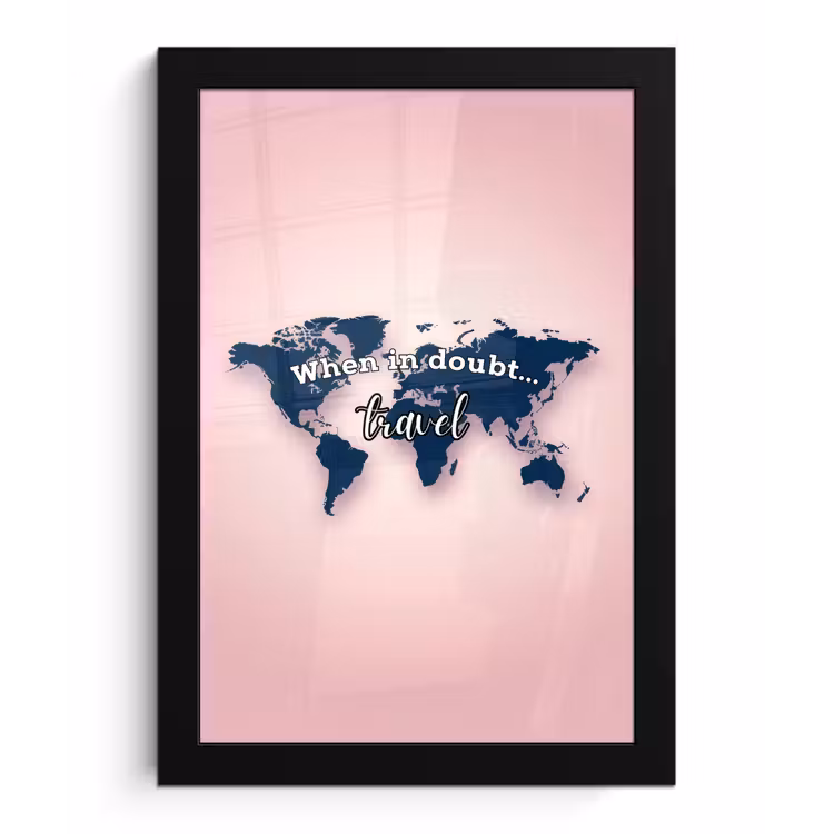 Roze - Quote - Wereldkaart - Travel fotolijst zwart zonder passe partout klein -3d