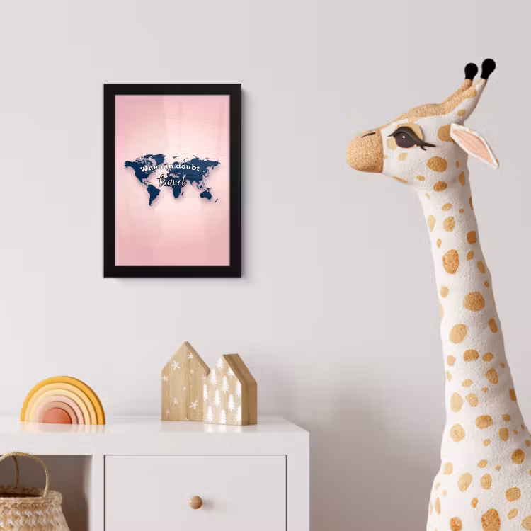 Roze - Quote - Wereldkaart - Travel fotolijst zwart zonder passe partout klein -usfeer4_kinderkamer