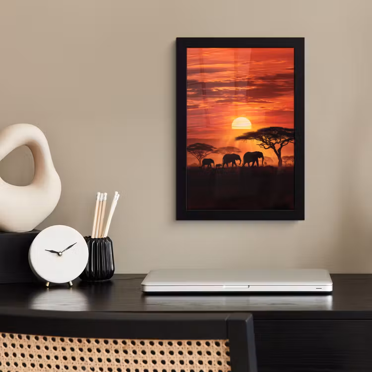 Savanne - Olifanten - Zonsondergang fotolijst zwart zonder passe partout klein -sfeer1