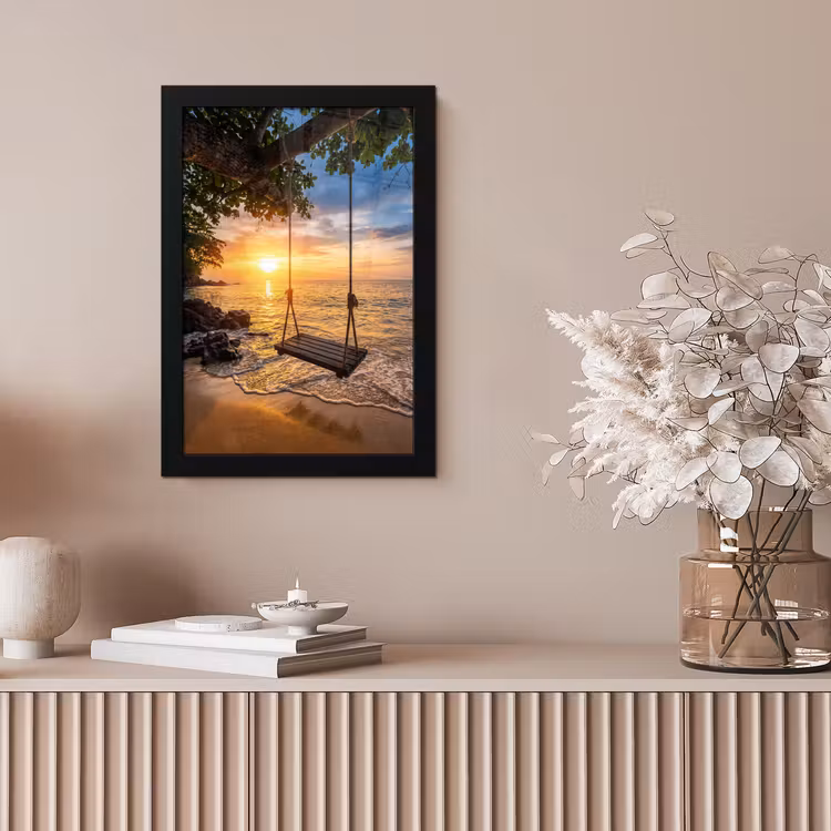 Schommel - Strand - Zonsondergang - Natuur - Oranje fotolijst zwart zonder passe partout klein -sfeer5
