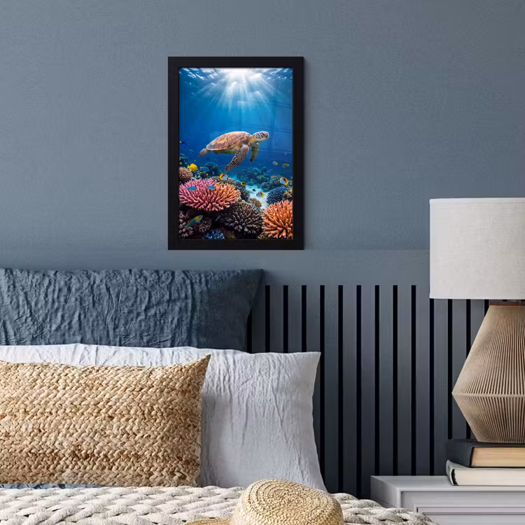 Schildpad - Koraalrif - Oceaan - Dieren - Blauw fotolijst zwart zonder passe partout klein -sfeer3
