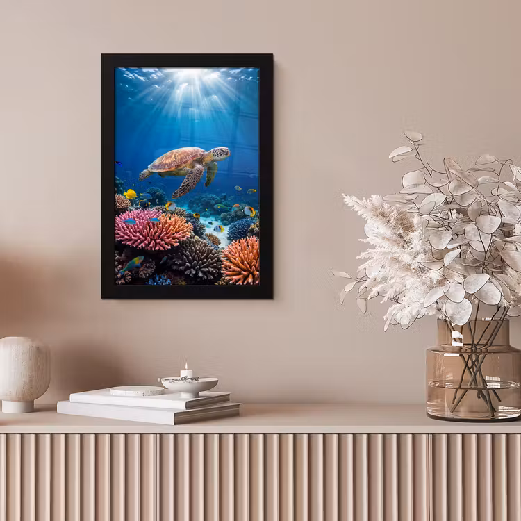 Schildpad - Koraalrif - Oceaan - Dieren - Blauw fotolijst zwart zonder passe partout klein -sfeer5
