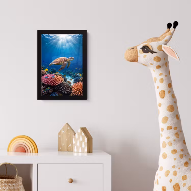 Schildpad - Koraalrif - Oceaan - Dieren - Blauw fotolijst zwart zonder passe partout klein -usfeer4_kinderkamer
