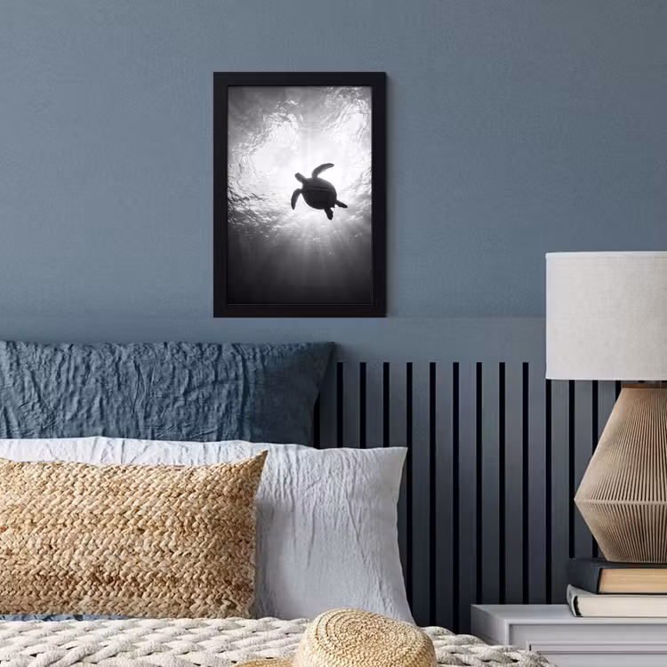 Schildpad - Onderwater - Lichtstralen - Oceaan - Zwart-wit fotolijst zwart zonder passe partout klein -sfeer3