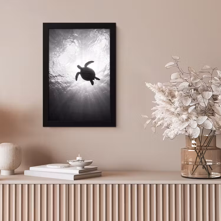 Schildpad - Onderwater - Lichtstralen - Oceaan - Zwart-wit fotolijst zwart zonder passe partout klein -sfeer5