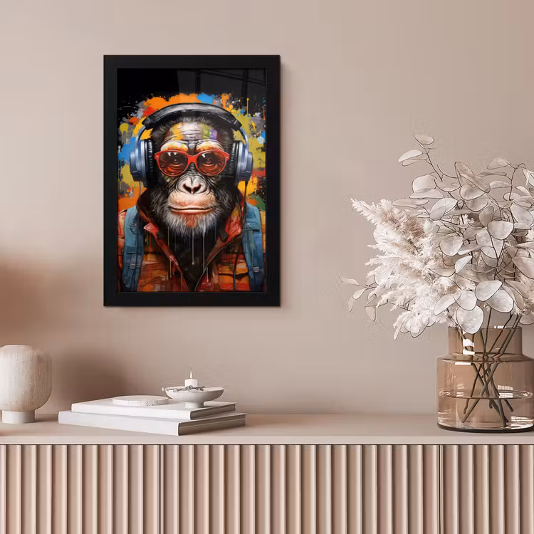 Chimpansee - Aap - dieren - Graffiti - Bril - Koptelefoon - Kleuren fotolijst zwart zonder passe partout klein -sfeer5