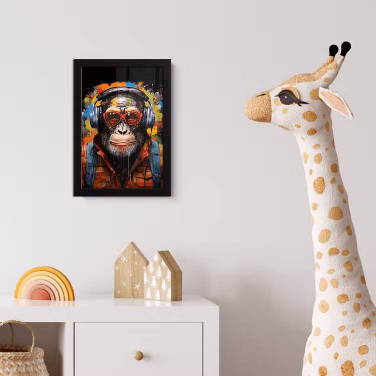 Chimpansee - Aap - dieren - Graffiti - Bril - Koptelefoon - Kleuren fotolijst zwart zonder passe partout klein -usfeer4_kinderkamer