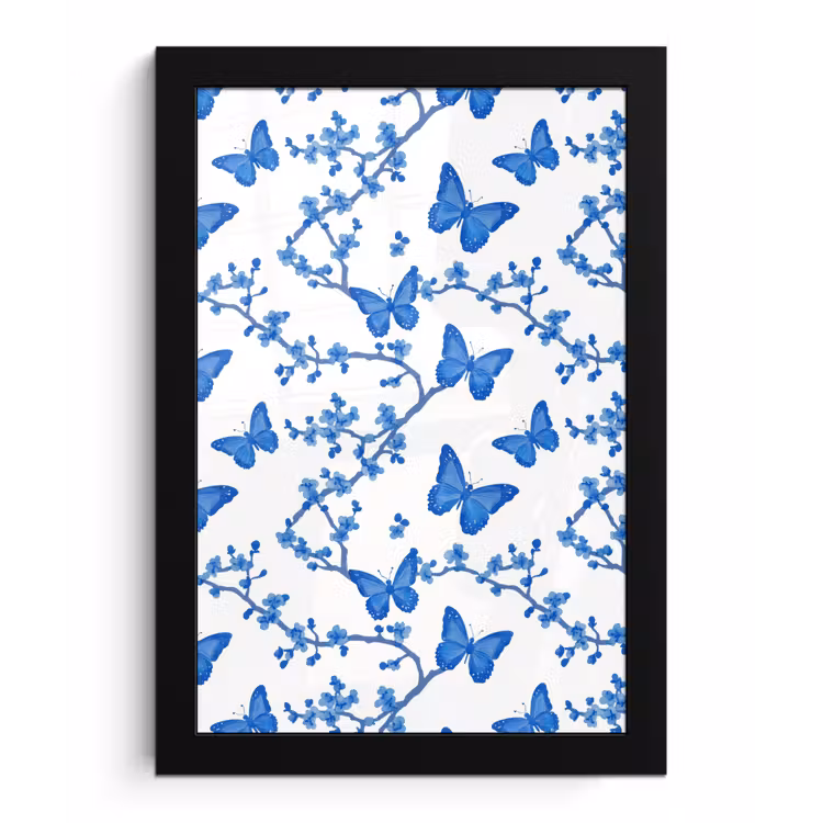 Vlinder - Bloemen - Blauw fotolijst zwart zonder passe partout klein 224 -3d