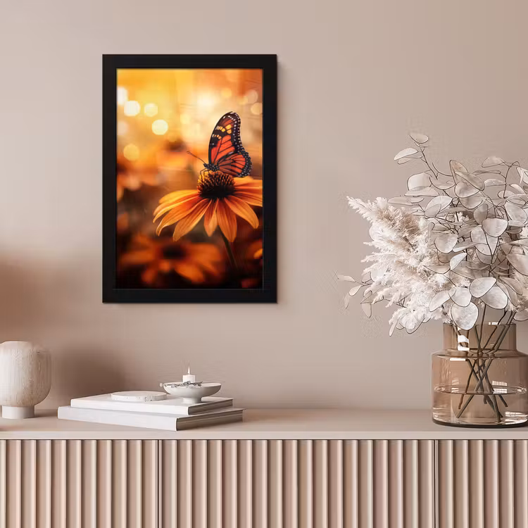 Vlinder - Bloemen - Oranje fotolijst zwart zonder passe partout klein -sfeer5