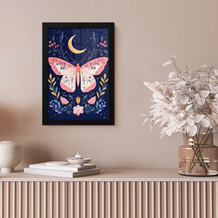 Vlinder - Maan - Bloemen - Sterrenhemel fotolijst zwart zonder passe partout klein -sfeer5