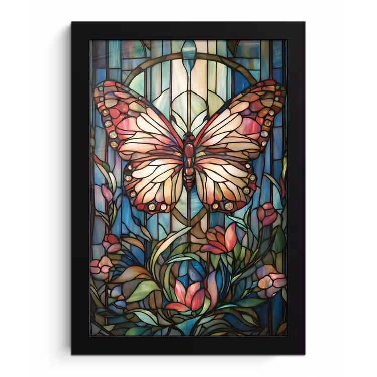 Vlinder - Roze - Bloemen - Bladeren fotolijst zwart zonder passe partout klein -3d