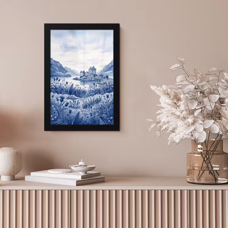 Schots - Kasteel - Blauw - Aquarel fotolijst zwart zonder passe partout klein -sfeer5