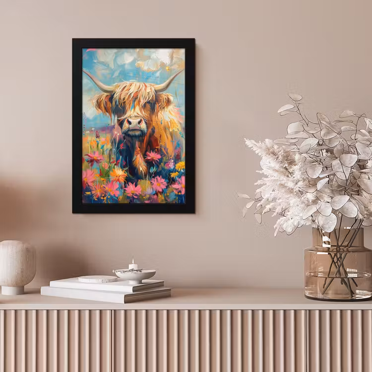 Schotse hooglander - Natuur - Kleurrijk - Bloemen fotolijst zwart zonder passe partout klein -sfeer5