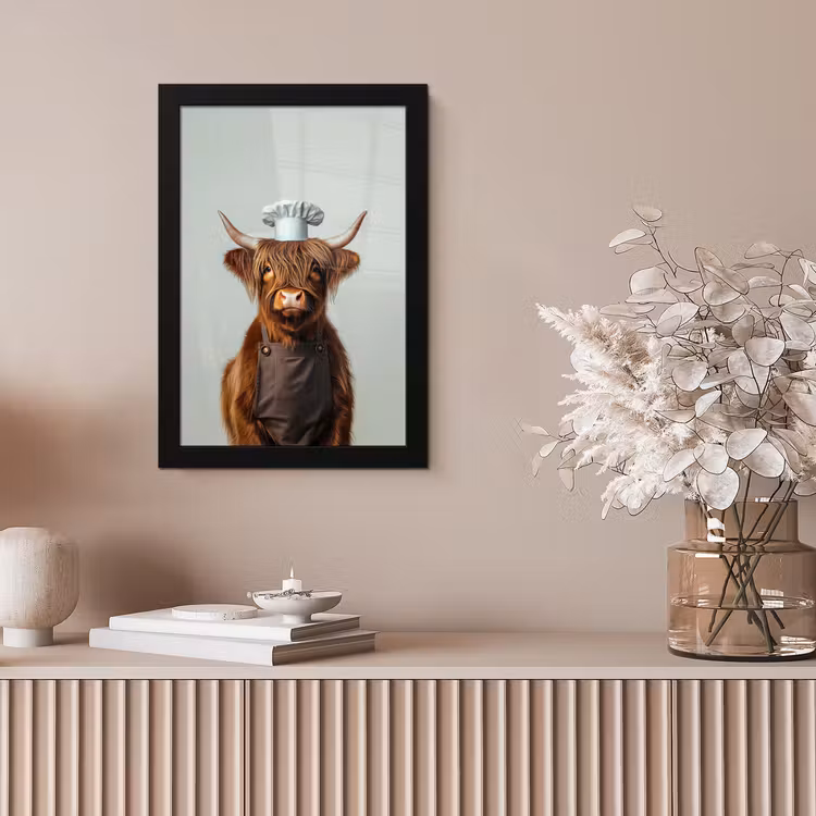 Schotse Hooglander - Bruin - Hoorns - Kokskleding fotolijst zwart zonder passe partout klein -sfeer5