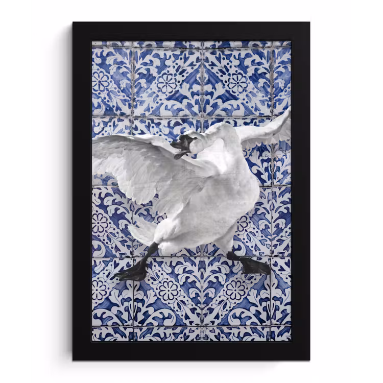 Zwaan - Kunst - Delfts blauw - Schilderij - Oude meesters fotolijst zwart zonder passe partout klein -3d