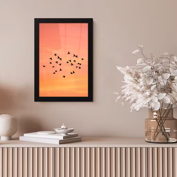 Zwerm - Vogels - Oranje fotolijst zwart zonder passe partout klein -sfeer5
