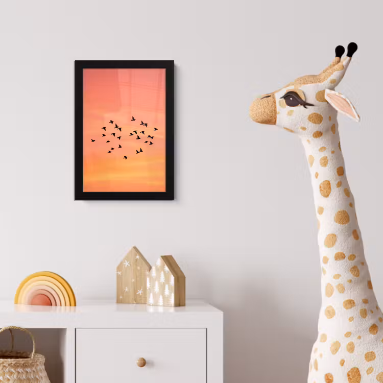 Zwerm - Vogels - Oranje fotolijst zwart zonder passe partout klein -usfeer4_kinderkamer